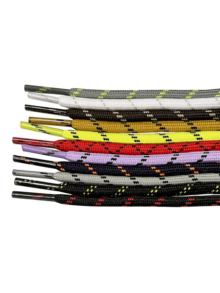 Round strong trekking shoe laces with geometric patterns in multiple colors, ideal for durability and versatility in outdoor adventures.